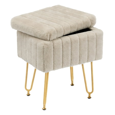ZUNMOS Ottoman Vanity Stool Chair, with Storage Function, Modern Style Wooden Board Seat, Equipped with 4 Metal Legs and Non-Slip Feet, Suitable for Living Room and Bedroom, Camel Color