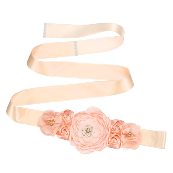 Bridal Waist Belt, 102 Inch Satin Bridal Wedding Dress Belt Handmade with Flowers Pearls Crystal Rhinestone Ribbon Sash, Light Pink
