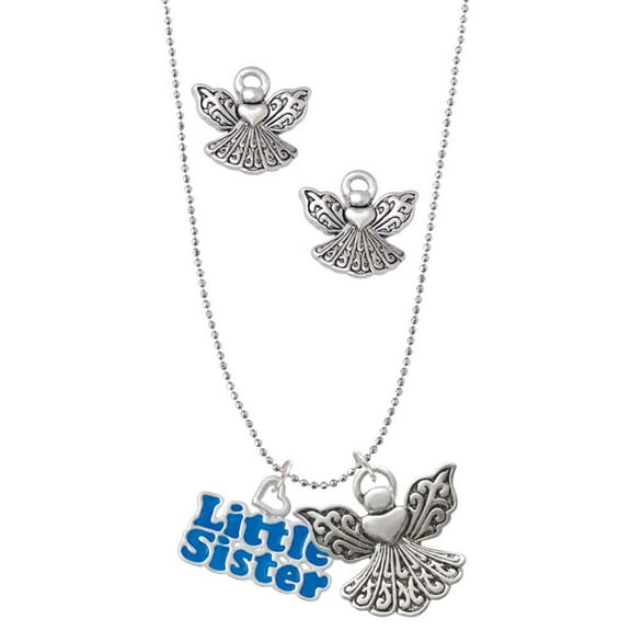 Delight Jewelry Royal Blue ''Little Sister'' with Heart Silver tone Guardian Angel Charm Necklace and Stud Earrings