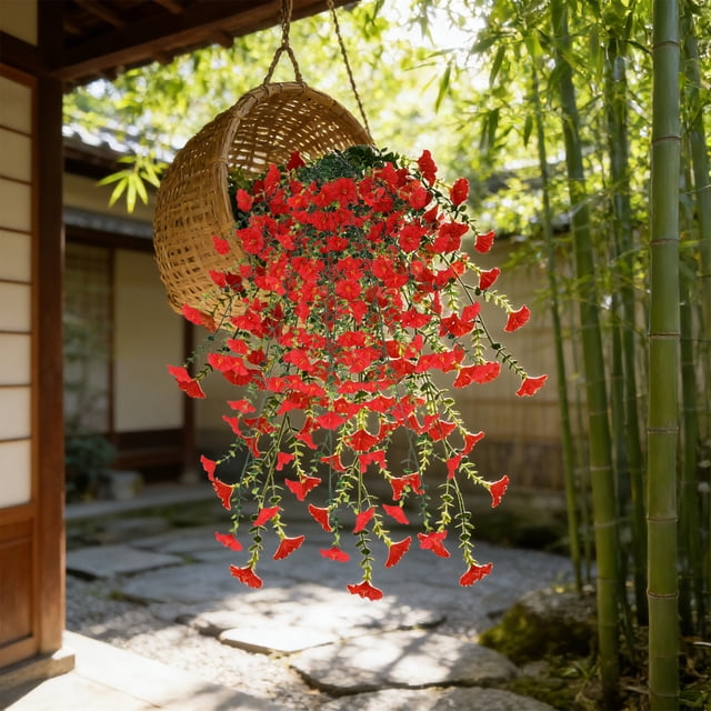 MTBLYS Artificial Morning Glory Wall Hanging 2-Piece Rattan Vine Decor Plastic Outdoor Flowers White Purple Red for Garden Baskets