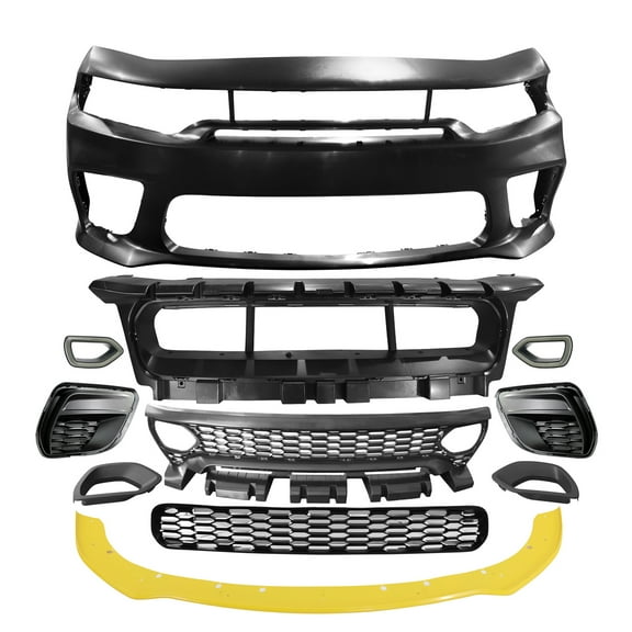 Ikon Motorsports Front Bumper Conversion W/ Yellow Lip Compatible With 2015-2023 Dodge Charger Widebody Style Front Bumper Cover & SRT Style Upper Lower Grille W/ Light & Foglight Covers