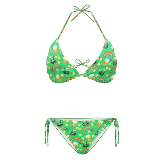 HELLHERO St. Patrick's Day Green Top Hats Ladies Bikini Swimsuit Set Spandex Plus Size Stylish Halter Bikini Set 2 Piece