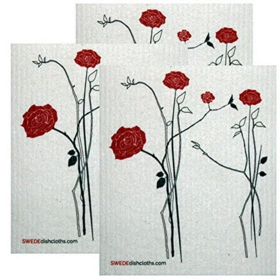 Elegant Red Roses Set of 3 Each Swedish Dishcloths | ECO Friendly Absorbent Cleaning Cloth | Reusable Cleaning Wipes