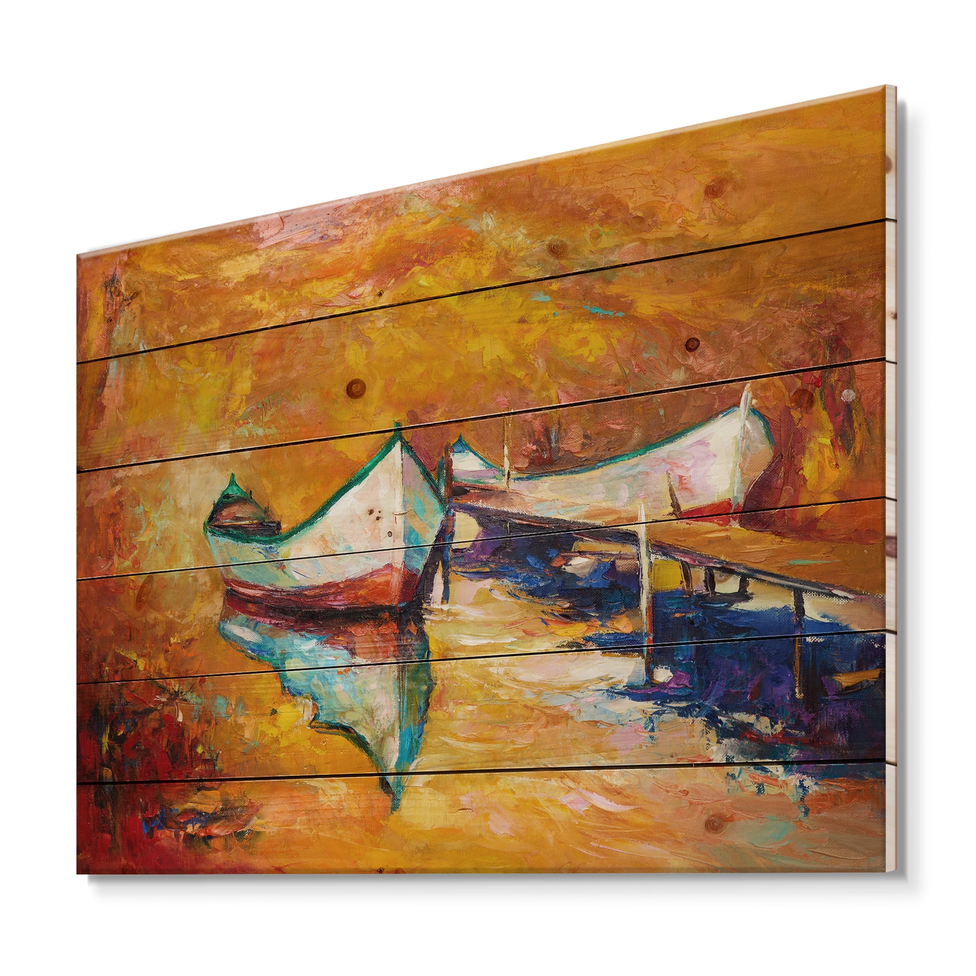 Designart 'Little Boat During Warm and Orange Evening' Nautical & Coastal Print on Natural Pine Wood