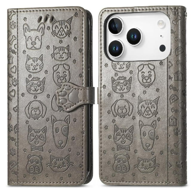 Funda Cartera FOXDOCK para iPhone 17 Pro , Flip PU con Relieve de Gatos y Perros, Tarjetero y Soporte