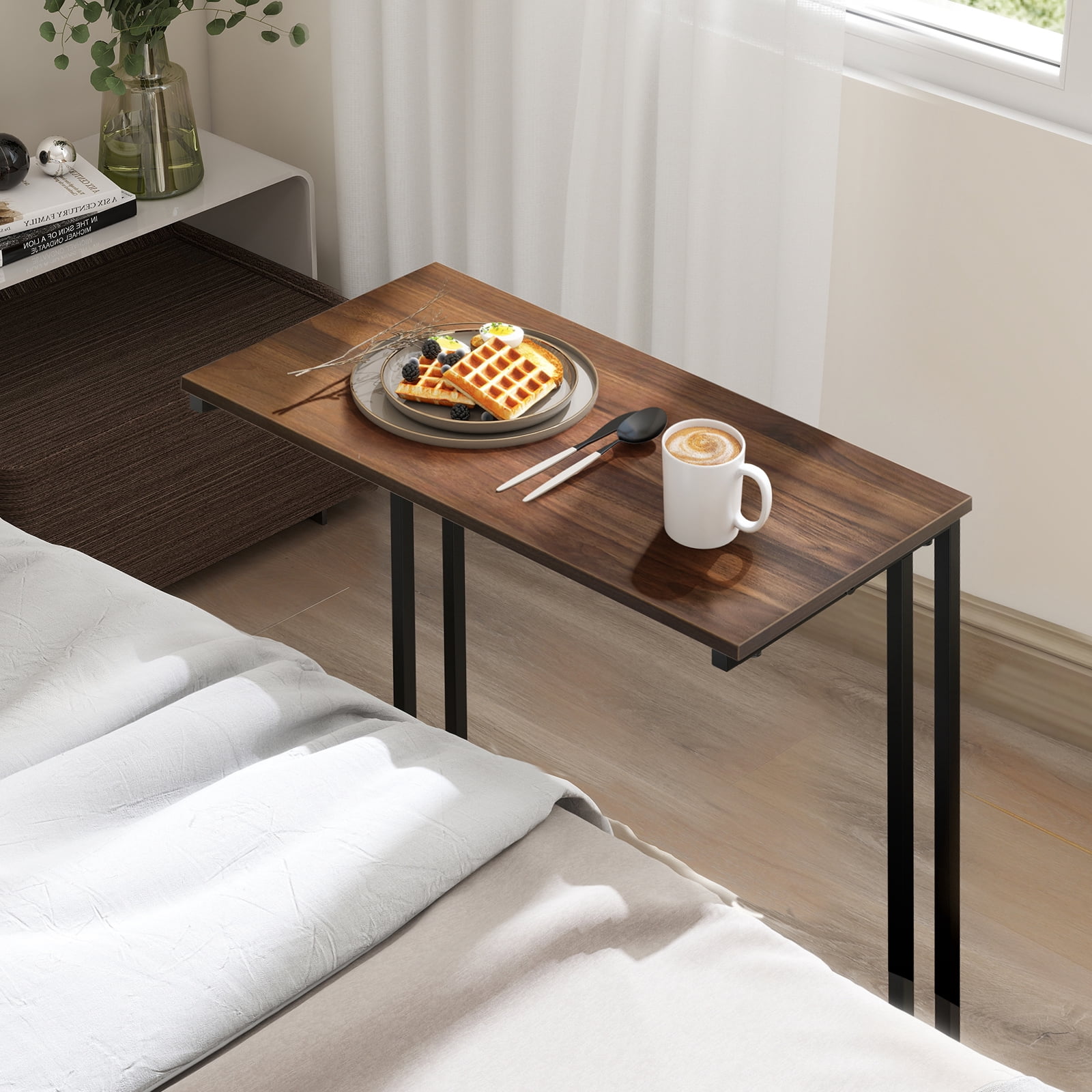 Krpimt C-Shaped End Table for Couch Sofa Side Table with Metal Frame for Bedroom, Living Room, 24.2"x 23.6"x 11.8"(HxWxD),Walnut