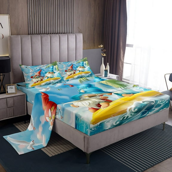 Erosebridal Gnome Surfing Sheet Set Twin,Ocean Sea Bedding Sets Twin Size,Summer Holiday Twin Sheet Sets,Microfiber Cartoon Bedroom Decorative,3pcs