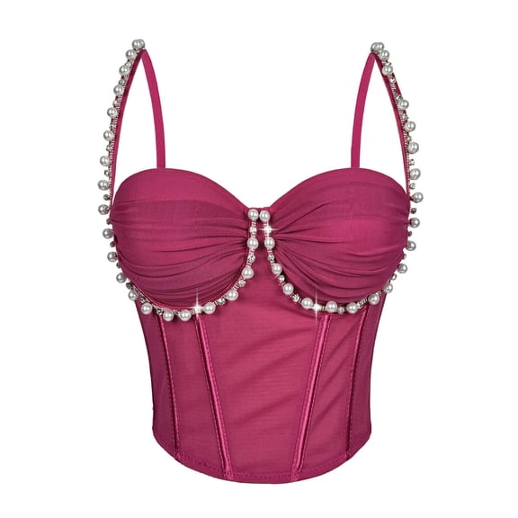 Gtoiithly Women's Rhinestone Tassel Corset Top, Spaghetti Straps Sexy Underwire Bustier Halloween Camisoles Tops Hot Pink-d M