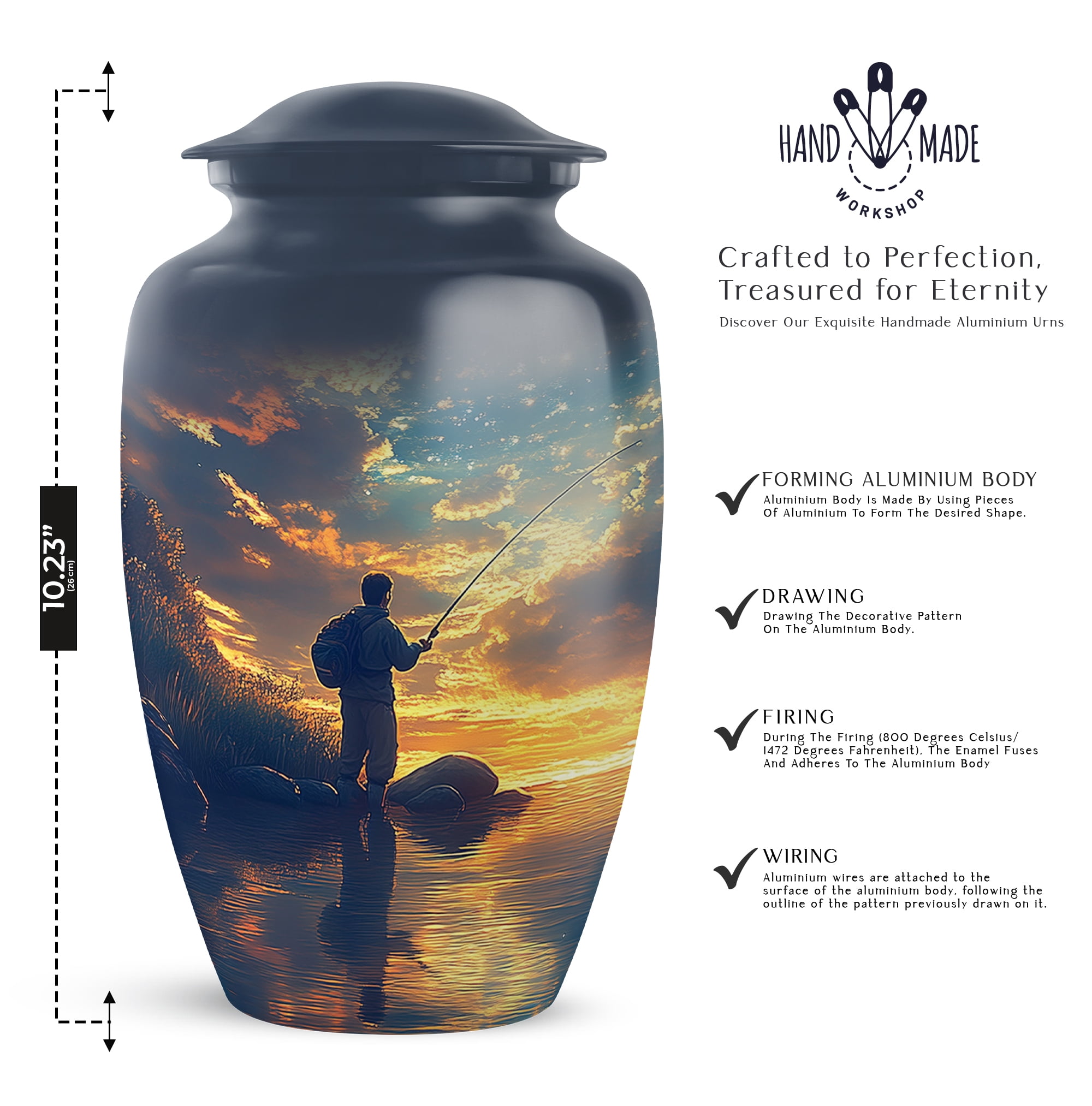 Yatskia Sunrise Fisherman Large Cremation Urns for Human Ashes Adult Mom and Dad, Decorative Burial Urn for Adult Ashes, (Classic Large, 10 Inch)