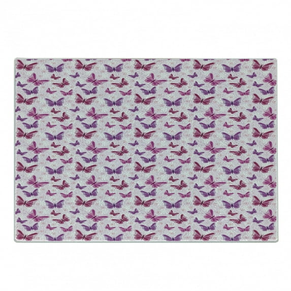 Purple Cutting Board, Abstract Butterflies on Floral Background Feminine Romance Illustration, Decorative Tempered Glass Cutting and Serving Board, Small Size, Maroon Purple Pale Pink, by Ambesonne