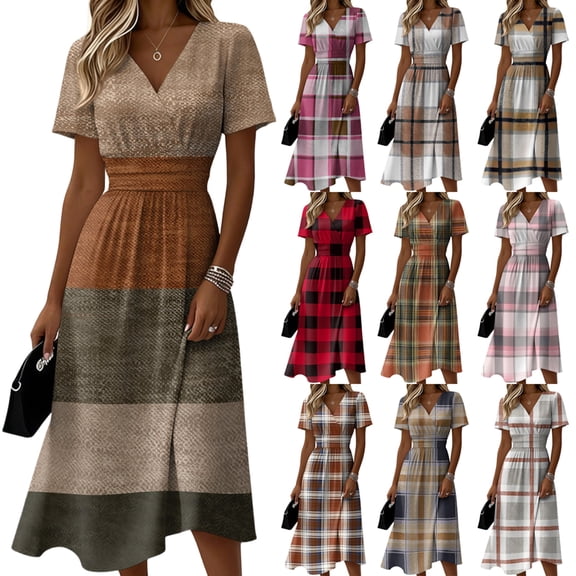 Laqbezok Plaid Short Sleeve Midi Dress, Elegant Ruched High Waist Slimming Check Dress, Casual V-Neck A-Line Flare Fashion Outfit, Classic Tartan Sun Dress