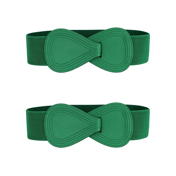 Cinturón elástico de cuero sintético con hebilla en forma de 8 Inspire Chic de 2 piezas para dama 39.4x2.36" (LxW) Verde