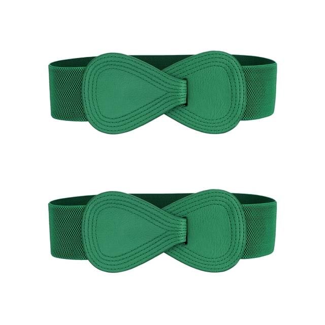 Cinturón elástico de cuero sintético con hebilla en forma de 8 Inspire Chic de 2 piezas para dama 39.4x2.36" (LxW) Verde