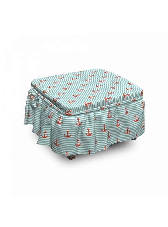 Anchor Ottoman Cover, Pastel Stripes Naval, 2 Piece Slipcover Set with Ruffle Skirt for Square Round Cube Footstool Decorative Home Accent, Standard Size, Vermilion Turquoise, by Ambesonne