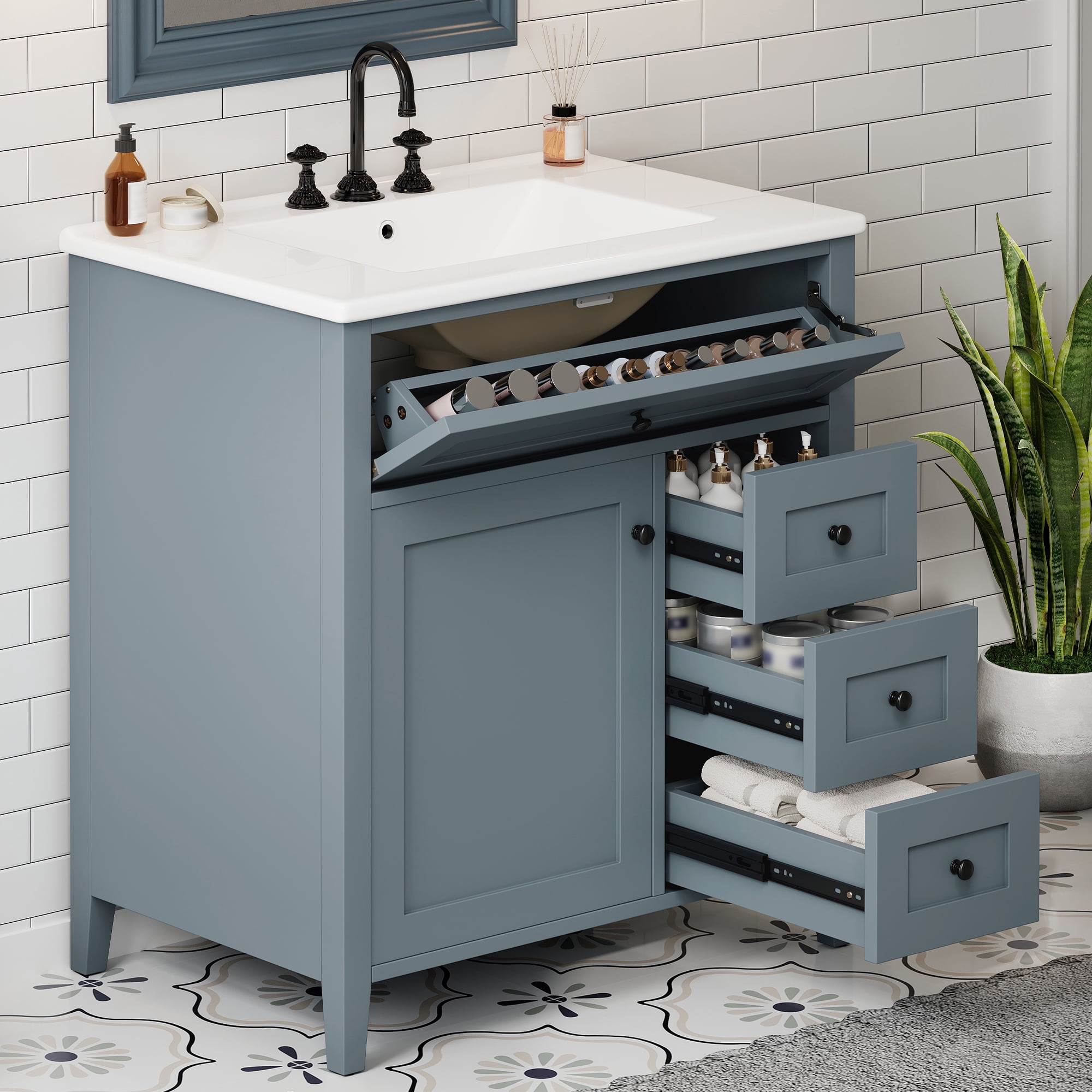 Anpport 30" Freestanding Bathroom Vanity with Sink, Modern MDF & Rubberwood Cabinet, 3 Drawers, Adjustable Shelf & Left‑Side Door, Blue Grey