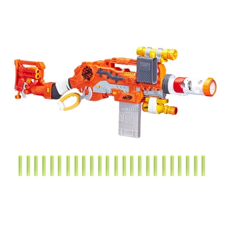 Nerf Zombie Strike Survival System Scravenger with Two 12-Dart Clips, 26 Darts, Light, Barrel Extension, Scope, Stock, and 2-Dart (Best Nerf Guns For Killing Zombies)