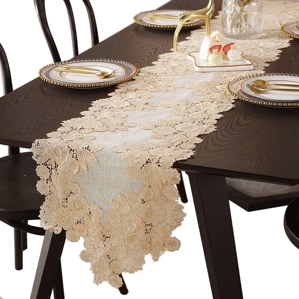 Embroidered Lace Dresser Scarves Brown Floral Farmhouse Table Runner