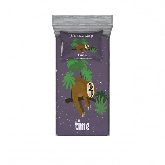 Sloth Fitted Sheet & Pillow Sham Set, Cartoon Character Sleeping on Branch Jungle Animal in Night Sky Theme, Decorative Printed 2 Piece Bedding Decor Set, Twin, Plum Brown, by Ambesonne