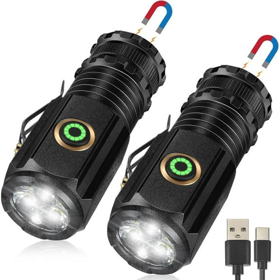 2 Pcs Small Rechargeable Flashlight 1600 High Lumens Pocket Flashlight with Clip Magnetic LED Flashlight Type C USB Tactical Pen Light 5 Modes Portable Torch for Hiking, Camping, Emergency