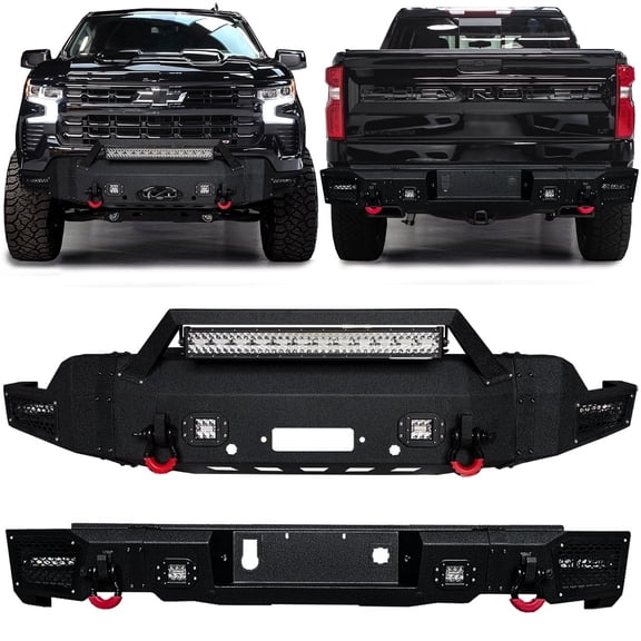 Vijay Compatible with 2022-2023-2024-2025-2026 Chevrolet Silverado 1500 Front and Rear Bumper Textured Black Steel with LED Lights and D-rings