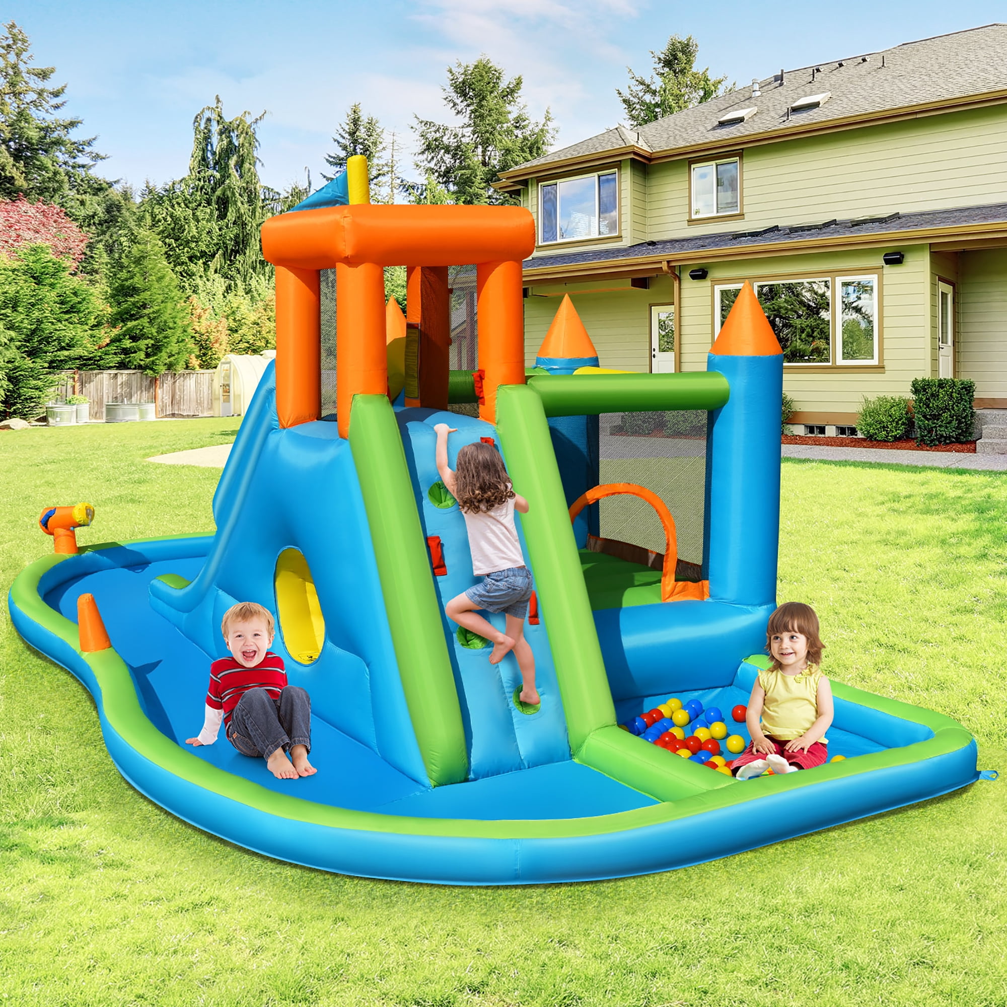 Costway Bountech Inflatable Water Slide Kids Bounce House Splash Pool without Blower for Toddler, Bouncy Water Park