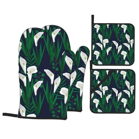

Oven Mitts and Pot Holders Sets 4 pcs - Calla Lily Flowers Blue Heat Resistant Silicone Oven Gloves with Non-Slip Silicone Surface and hot pads for kitchen Baking Cooking BBQ