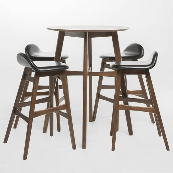 GDF Studio Tenley Mid Century Modern Upholstered 5 Piece Bar Set, Dark Brown Faux Leather and Walnut