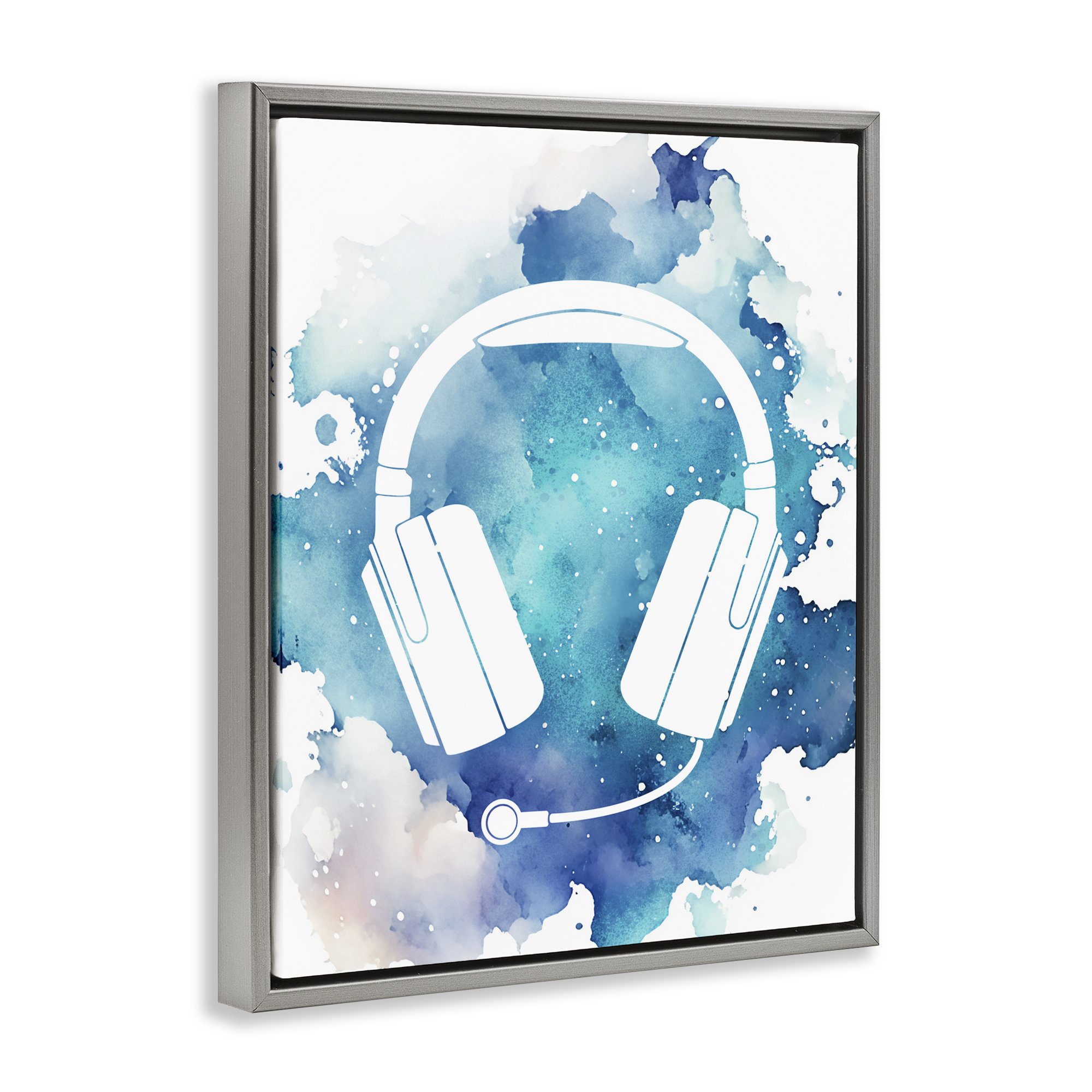 Blue Headphone Splatter Gray Framed Floater Canvas Wall Art, design by Marcus Prime