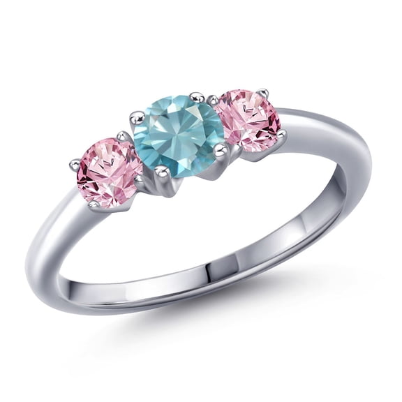 Gem Stone King 925 Sterling Silver Blue Zircon and Pink Lab Grown Diamond Engagement Ring for Women | 1.35 Cttw | Round 5MM | Gemstone Birthstone | Size 5