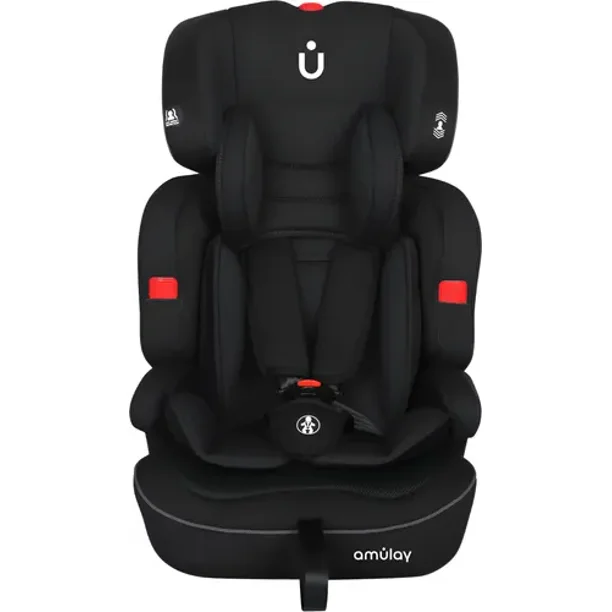 Amulay | Autoasiento para Bebe de 9 a 36 kg | Booster Car Seat con Arnés de 5 puntos, Respaldo Reclinable, Cojín elevador y Reposa cabezas ajustable | Color Negro