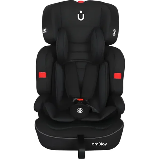 Amulay | Autoasiento para Bebe de 9 a 36 kg | Booster Car Seat con Arnés de 5 puntos, Respaldo Reclinable, Cojín elevador y Reposa cabezas ajustable | Color Negro