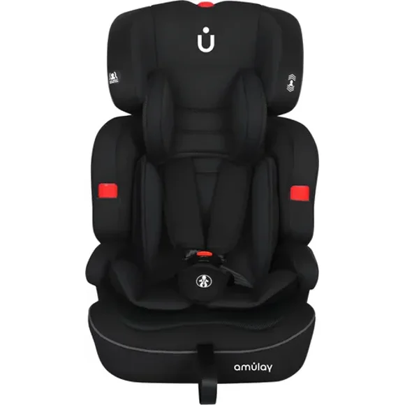 Amulay | Autoasiento para Bebe de 9 a 36 kg | Booster Car Seat con Arnés de 5 puntos, Respaldo Reclinable, Cojín elevador y Reposa cabezas ajustable | Color Negro