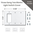 thumbnail image 4 of Three Gang Two Blank Metal Light Switch Plate | White Gfi Cover Triple 3 Gang Rocker Decorative Smooth For Gfci Outlet Receptacle (Two Blanks), 4 of 5