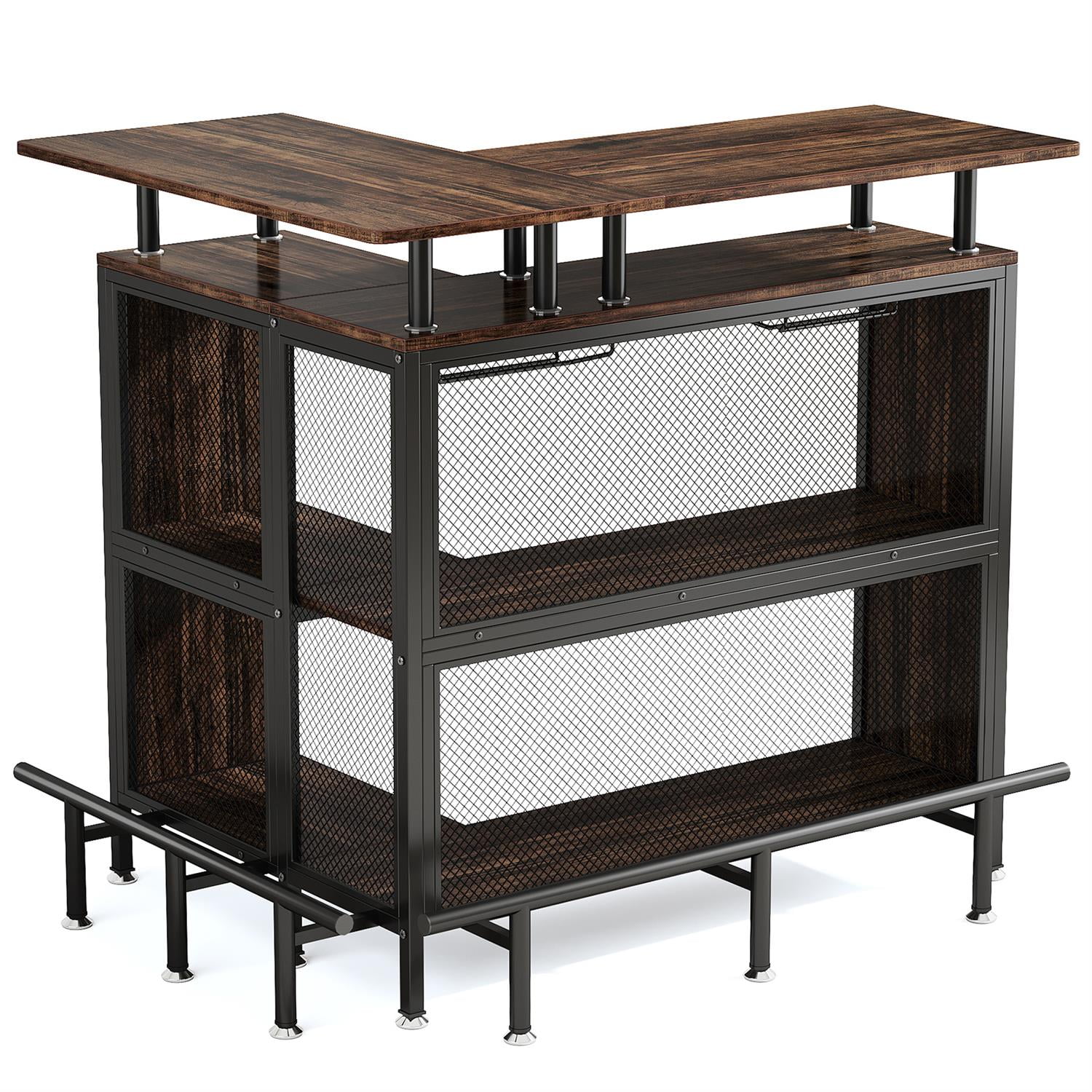 Demi Bonn 47" L-Shaped Home Bar Unit, Liquor Bar Table Cabinets with Glasses Holders & Shelves, Pub Tables for Kitchen, Dining Room, Brown