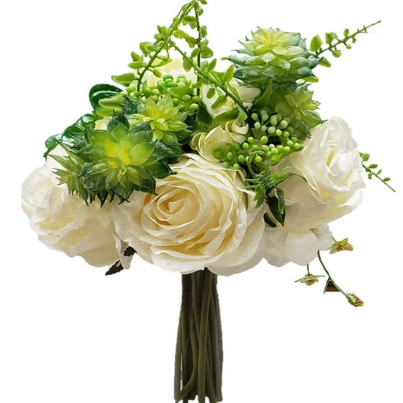 Succulent Bouquet with Roses, White, 13" White Rose Bouquet