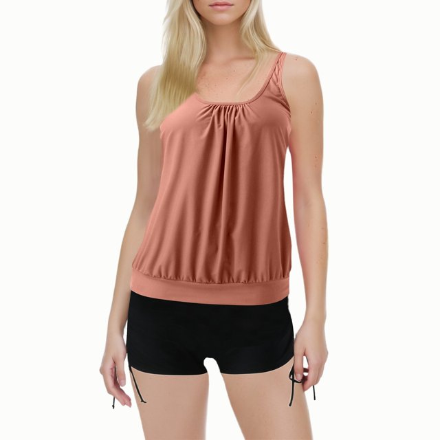 Women Swimsuits Solid Color Stylish Ruffle Tankini Tops with Boyshorts Brick Red Bathing Suit for Women XXL