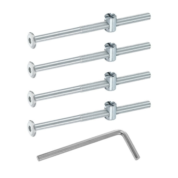 Uxcell 4 Pack Bed Frame Bolts, M6 x 100mm Hex Socket Head Screws Bolts Barrel Nuts Bunk Bed Bolts Furniture Screws with Rice-shaped Head Barrel Nut and Wrench for Chairs Cots, Silver