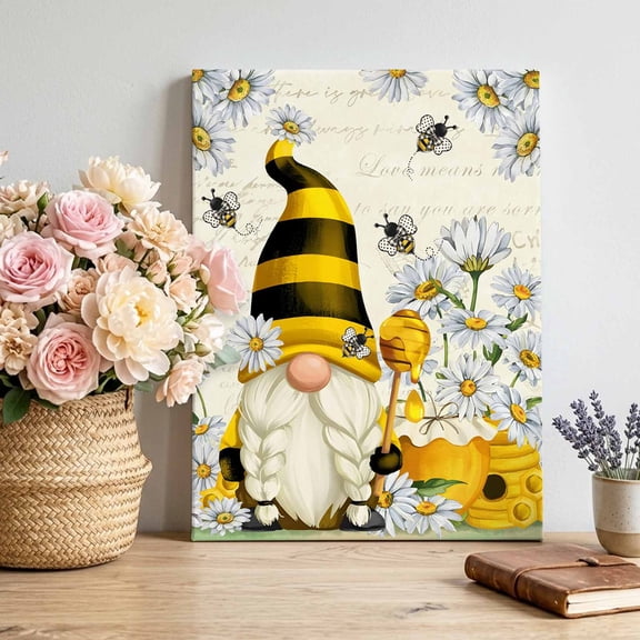 Canvas Wall Art Honey Gnome Canvas Art Print Daisy Bee Pastoral Farmhouse Retro Background Pictures Wall Decor for Living Room Bedroom Artwork Decorations Stretched Framed Ready to Hang 8"x10"