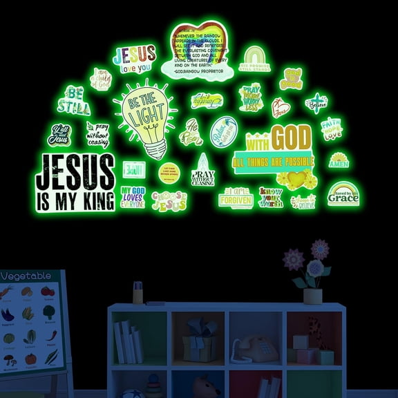 Jesus Christian Bible Wall Decals Glow in The Dark, Christ Faith Inspirational Motivational Room Decor, Positive Peel and Stick Wallpaper Kids Sticker