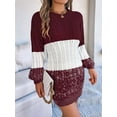 thumbnail image 3 of Women'S Autumn Winter Elegant Patchwork Lantern Sleeve Cable Knit Sweater Dress Wine Red L, 3 of 7