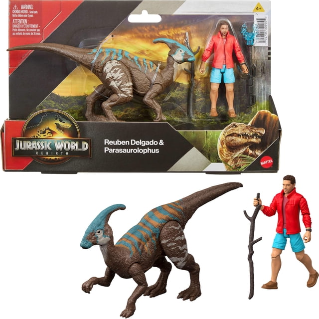 figura de juguete mattel jurassic world rebirth reuben delgado y parasaurolophus paquete a escala 3.75 pulgadas con Reuben Delgado articulado (10 puntos) y Parasaurolophus articulado (6 puntos), dinosaurio marrón con franjas turquesa y marcas crema, incluye bastón y lanzador de dardos; empaque con logo Jurassic World visible. El pie del dinosaurio tiene un código escaneable compatible con la app Jurassic World Play; también es adecuado para dioramas y exhibición coleccionable.