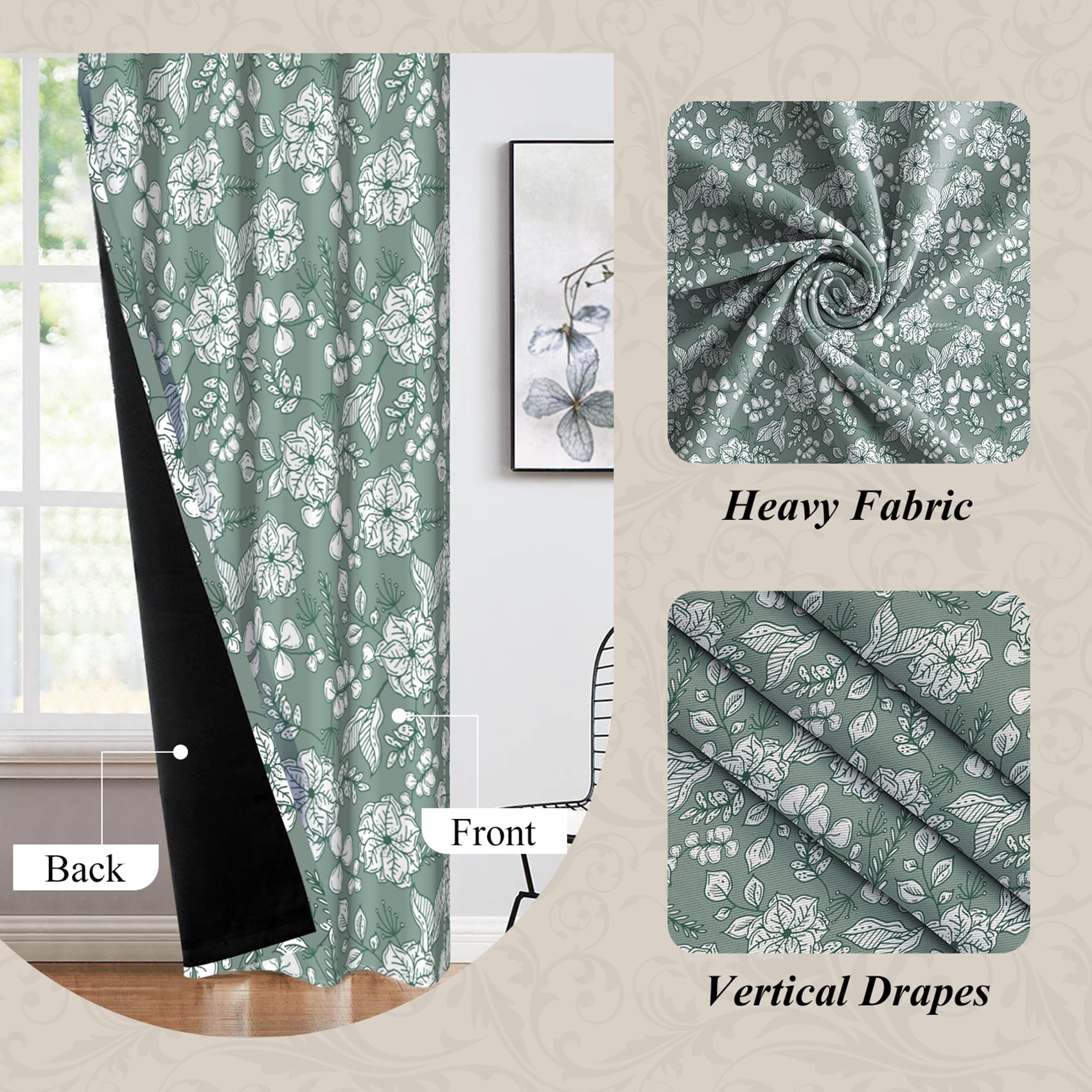 Dashan Green Floral Blackout Curtains for Living Room,Farmhouse Window Drapes for Bedroom,52x84 Inch,Set of 2
