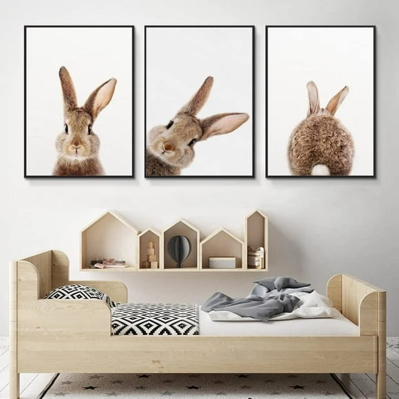 3 Pieces Kawaii Rabbit Canvas Painting Print Brown Bunny Wall Art Pictures Nordic Woodland Animal Poster for Kid Bedroom Decor With Wooden Inner Frame