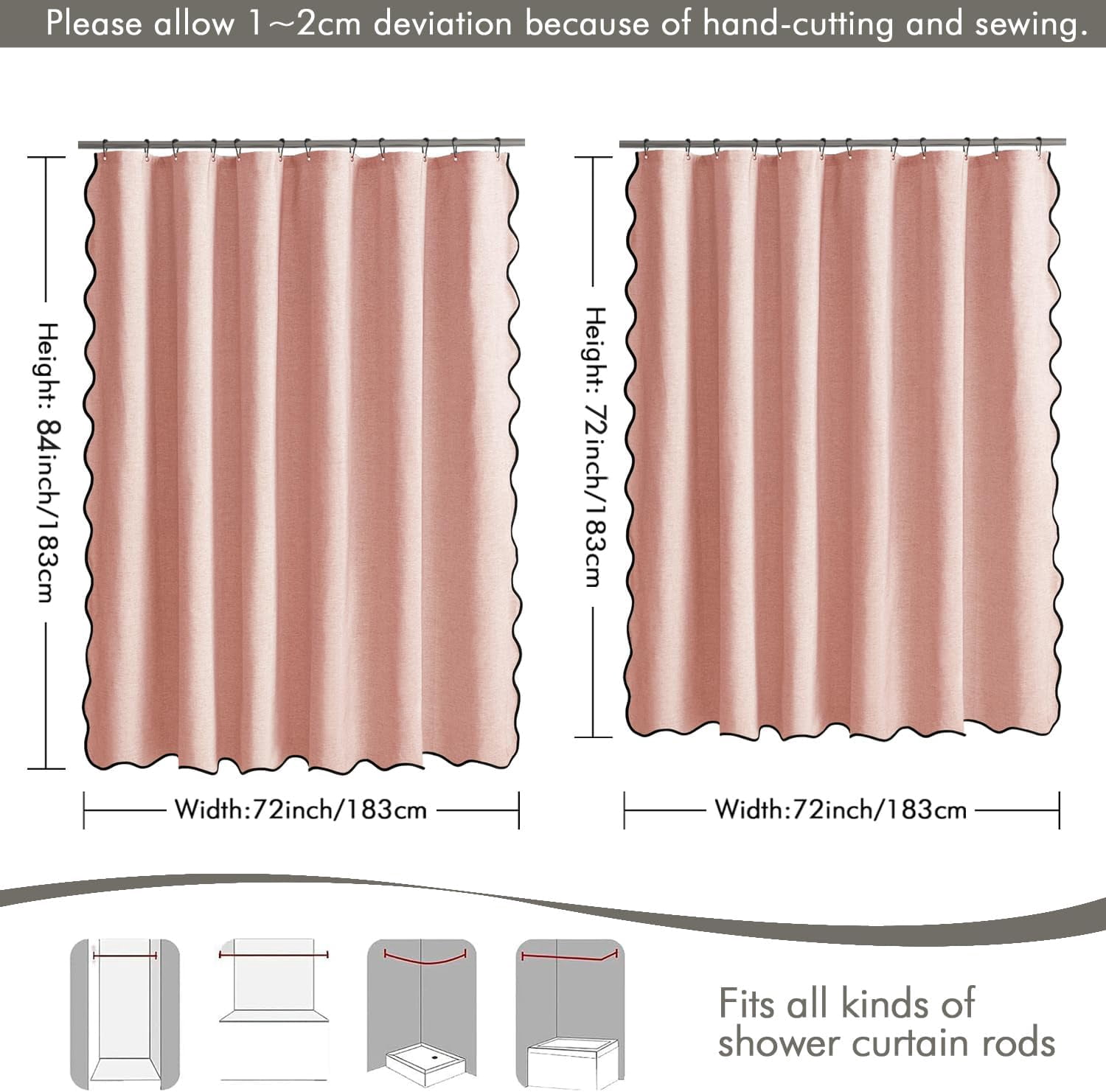 84" Long Scalloped Shower Curtain Linen Textured with 12 Metal Hooks Cute Extra Long Heavy Duty Washable Waterproof Cloth Curtains with Black Border for Bathroom Hotel Bathtub,Blush Pink