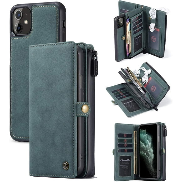 Compatible with iPhone 12 Mini Detachable Wallet Leather Case Zipper 10 Credit Card Holder Cash Clip Magnetic Wrist Strap Pocket Purse Flip case for iPhone 12 Mini 5.4 inch Cover (Blue)