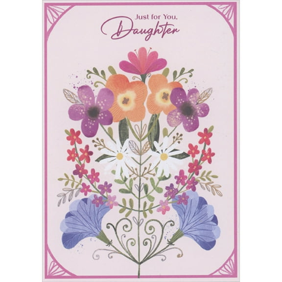 Designer Greetings Multi-Colored Flowers on Symmetrical Stems and Pink Frame Religious Easter Card for Daughter