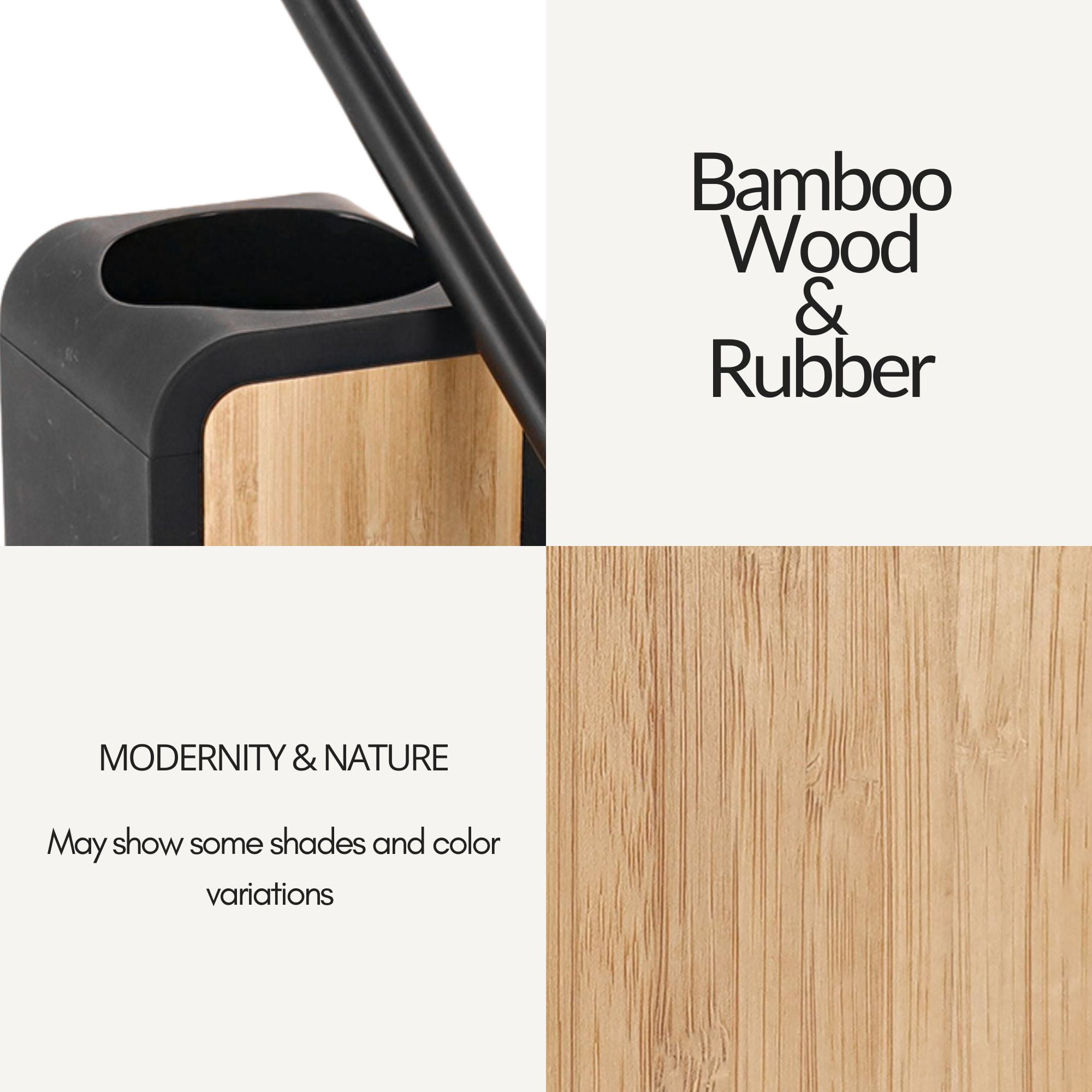 Toilet Brush and Holder Black Rubber and Bamboo