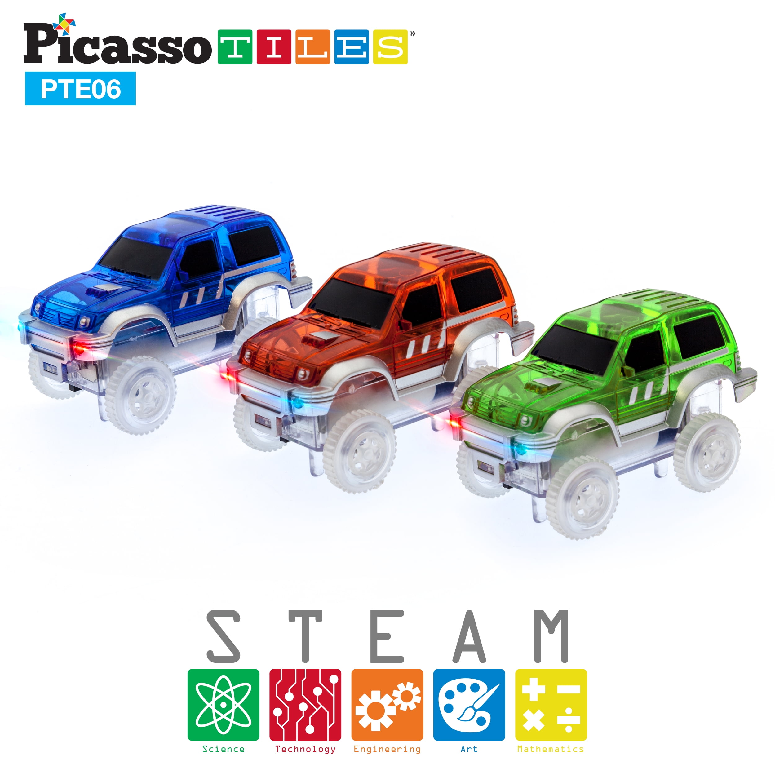 PicassoTiles 3 Piece Race Track Cars with Light Up LED in Bulk Package PTE06