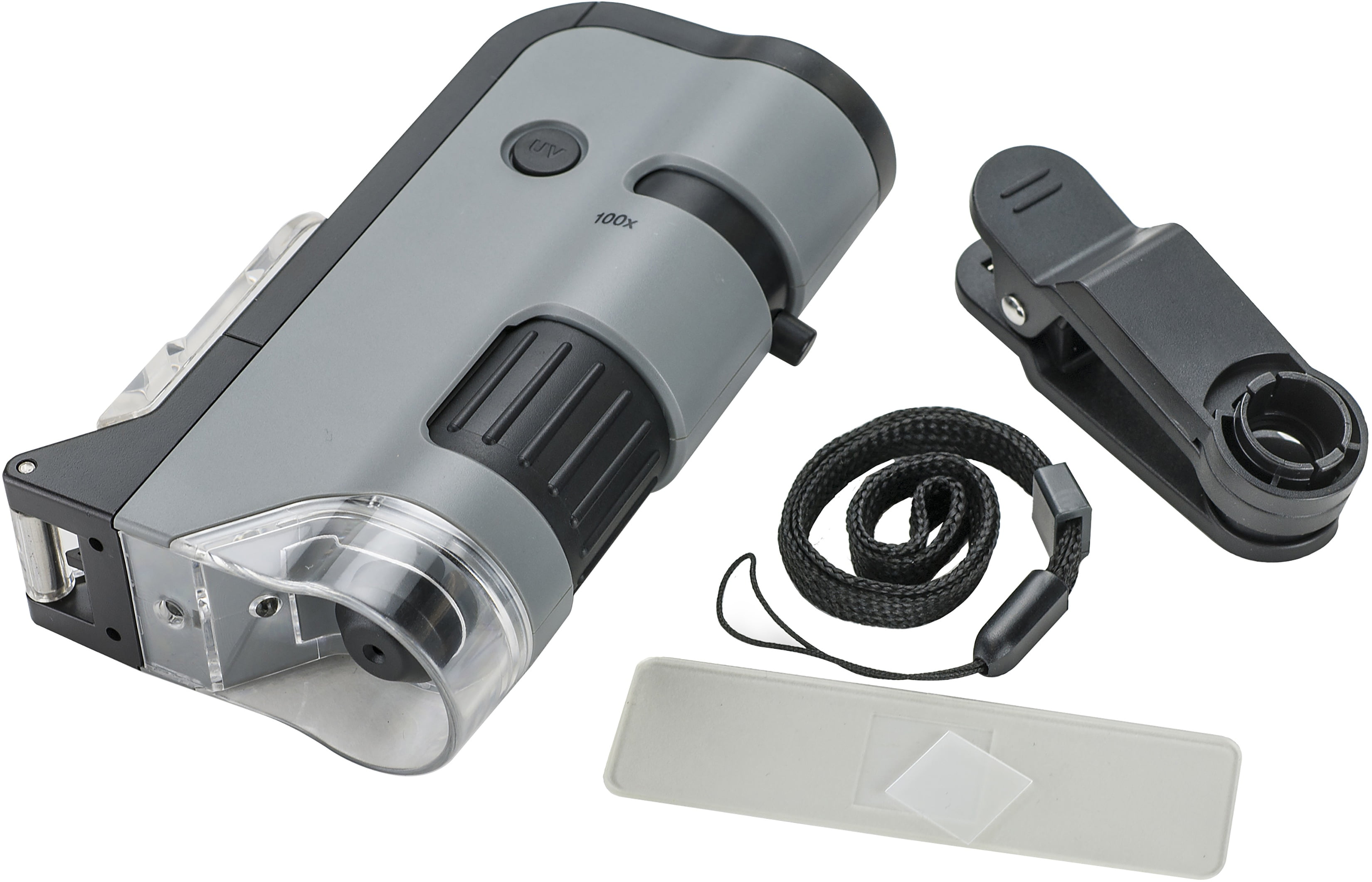 Carson MicroFlip 100x-250x LED Lighted Pocket Microscope with Flip Down  Slide Base, Smartphone Adapter Clip, and UV Flash 