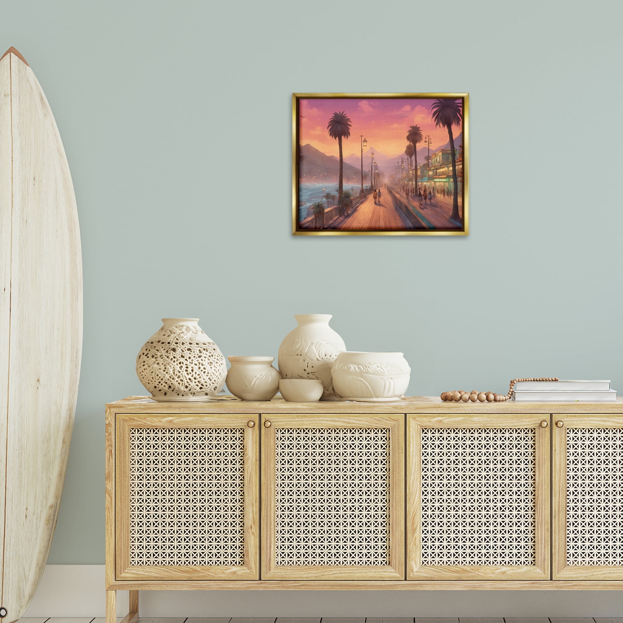 Stupell Industries Busy Tropical Boardwalk Landscape & Nature Painting Gold Floater Framed Canvas Art Print Wall Art, 21 x 17